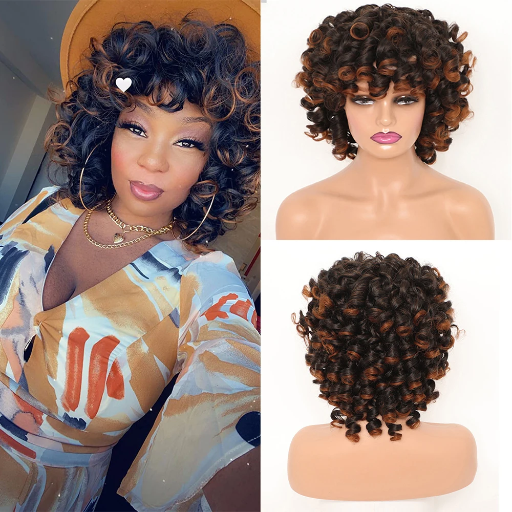 Peruca Curta Curly Bob com Franja para Cabelo de Mulher Ombre, Marrom, Afro, Estranho, Grande, Bouncy, Fofo, Natural, Sintético