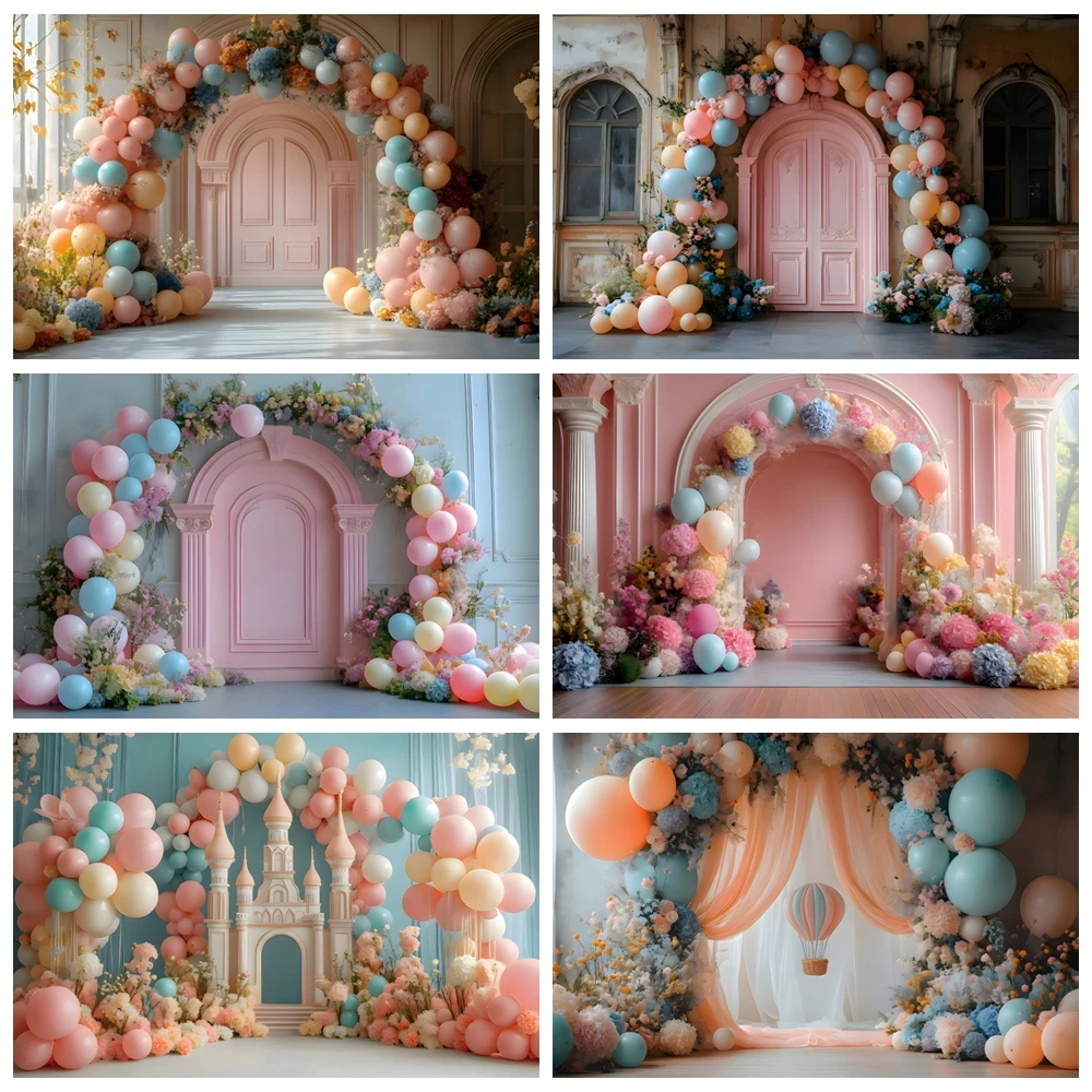 

Newborn Baby 1st Birthday Party Backdrop Interior Palace Arch Flower Balloon Kids Portrait Cake Smash Photography Background