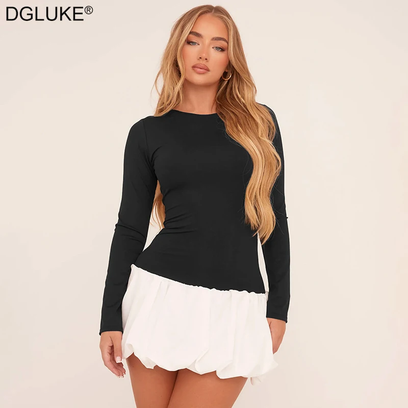 

DGLUKE Contrast Long Sleeve Dress Woman Drop Waist Bubble Hem Mini Dress Sexy Night Club Party Dress Autumn Winter