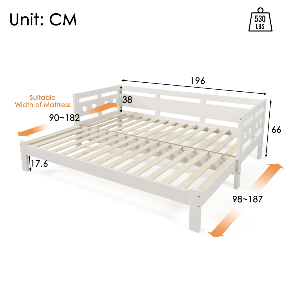 Daybed Cabin Bed Wooden 3FT Single Sofa Guest Bed Sofa Bed, Pull out Trundle Wooden Bed Heart-Shaped -90 X190 cm -White