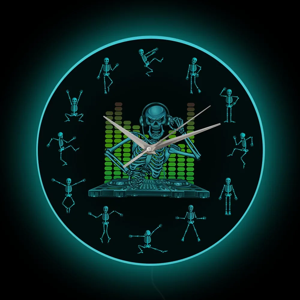 

DJ Dancing Skeletons Glow LED Nightlight Clock For Bedroom Halloween Home Decor Wall Watch Modern Design Illuminated Wall Clock