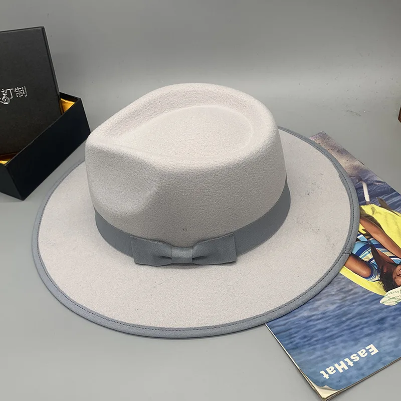 قبعة من الصوف المدبب على الطراز الأوروبي قبعة جاز عتيقة بحافة واسعة مع شريط من الساتان لون سادة محبوك ​