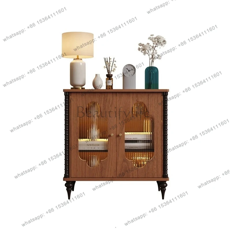 light luxury living room integrated storage cabinet against the wall solid wood carved corrugated glass decorative cabinet