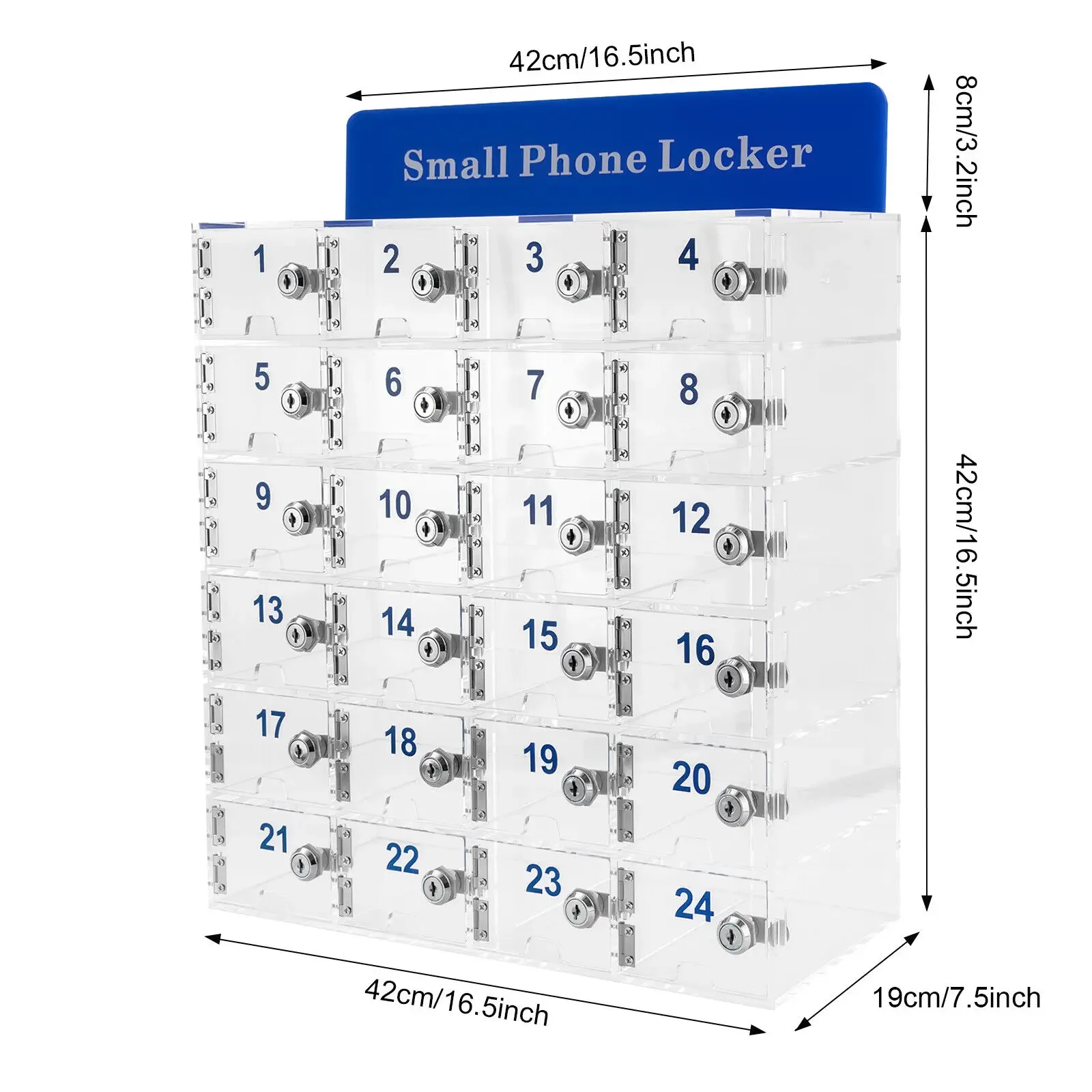 투명 아크릴 잠금식 휴대폰 충전 스테이션 - 도어가 있는 24슬롯 보관 정리함 캐비닛(16"x12"x5")