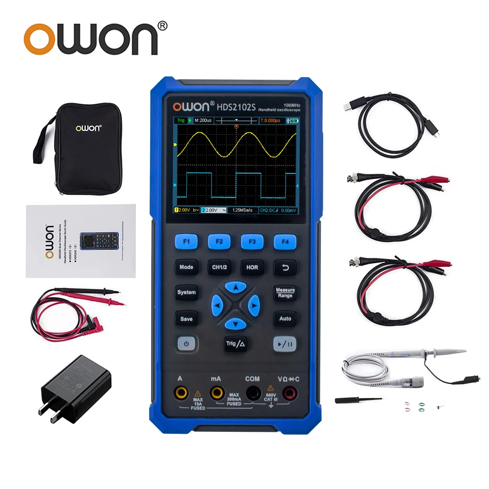 OWON HDS2102S 2 Channels 100MHz 500MSa/s Portable Digital Oscilloscope + Multimeter + Waveform Generator 3-in-1 Measurement Tool