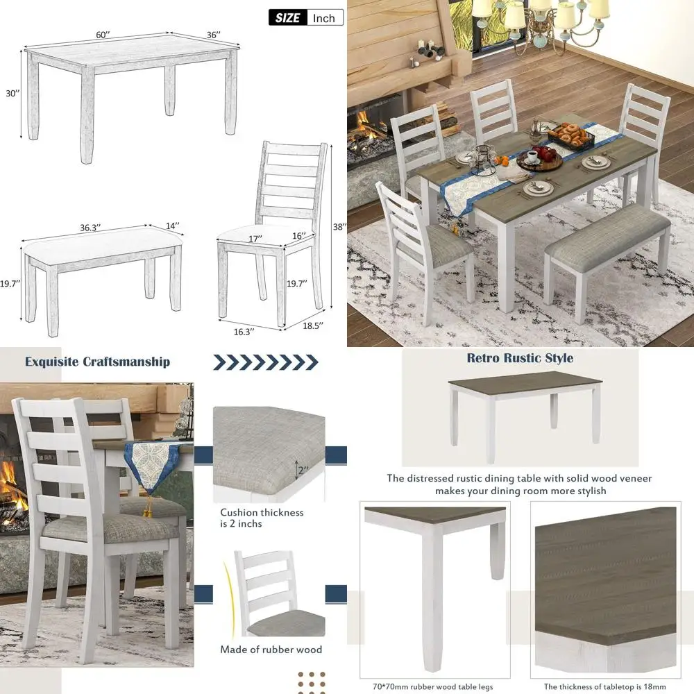 

Обеденный набор в деревенском стиле из 6 предметов: 4 стула + скамейка коричневого цвета с отделкой Whitewash