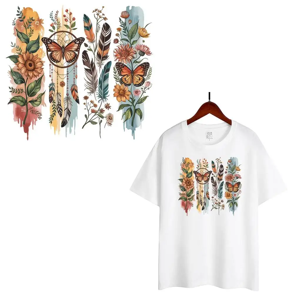 Bohemian Feather Butterfly Sunflower Heat Transfer Patches For Clothes DIY A-Level Washable T-shirts Iron-on Thermal Stickers