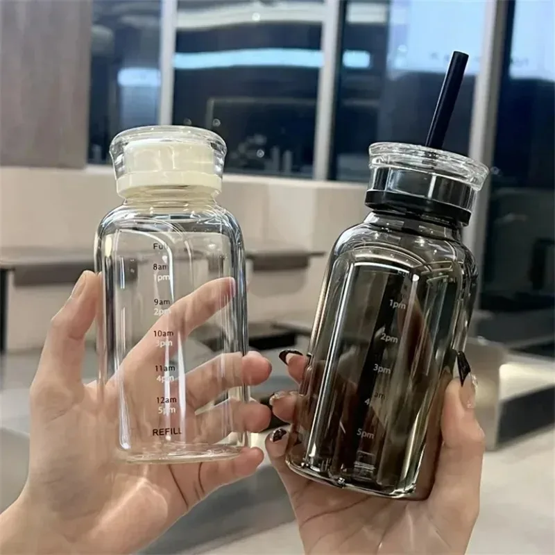 

350/750ml Glass Transparent Water Bottles with Lid Straw Time Scale Milk Juice Drink Bottle Travel Coffee Mug Milk Tea Cup