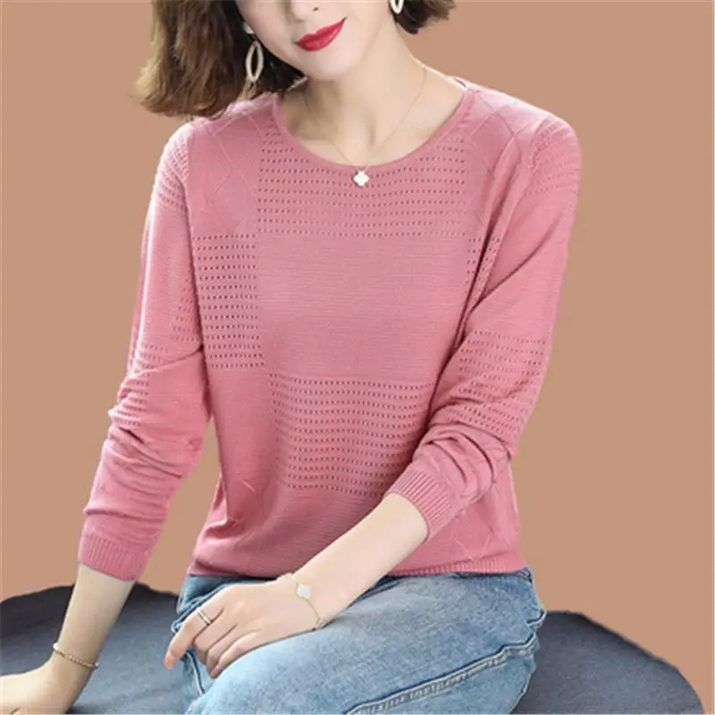 2024 New Simple Spring and Autumn Solid Color Women\'s Round Neck Hollow Fashion Commute Long Sleeved Loose Sweater Knitted Tops