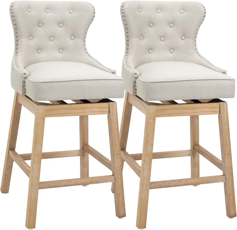 

Upholstered Fabric Bar Height Bar Stools 180° Swivel Nailhead-Trim Pub Chairs 30" Seat Height with Rubber Wood Legs