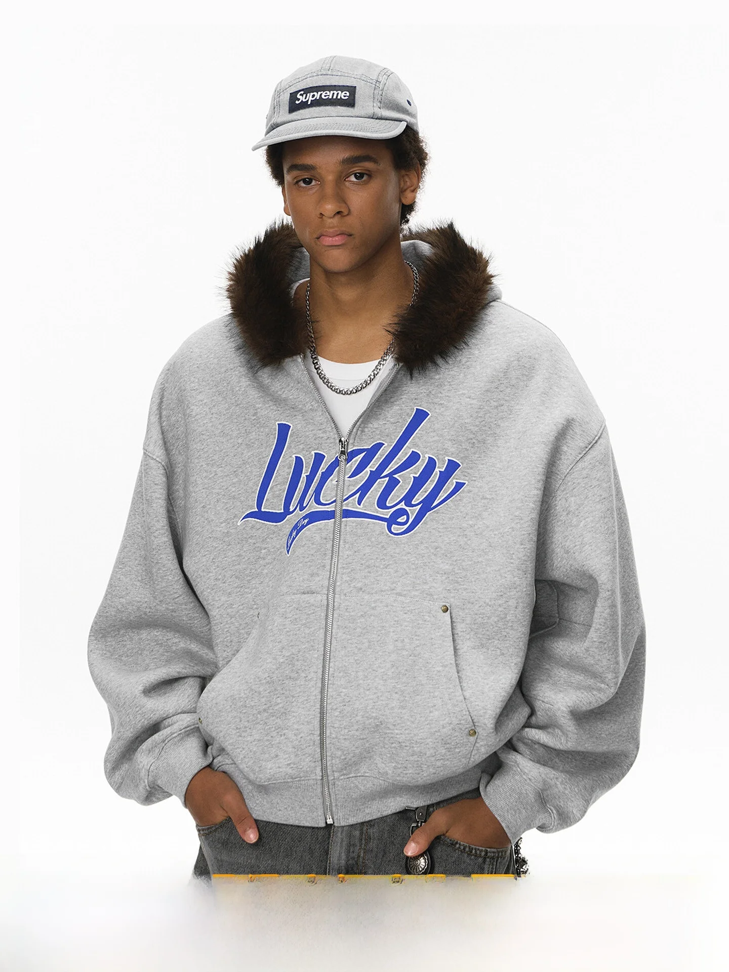 

New Winter Hooded Embroidered Faux Fur Collar Boxy ort Sweatirt Jaet Youth Casual Cotton Blend Fabric Menswear