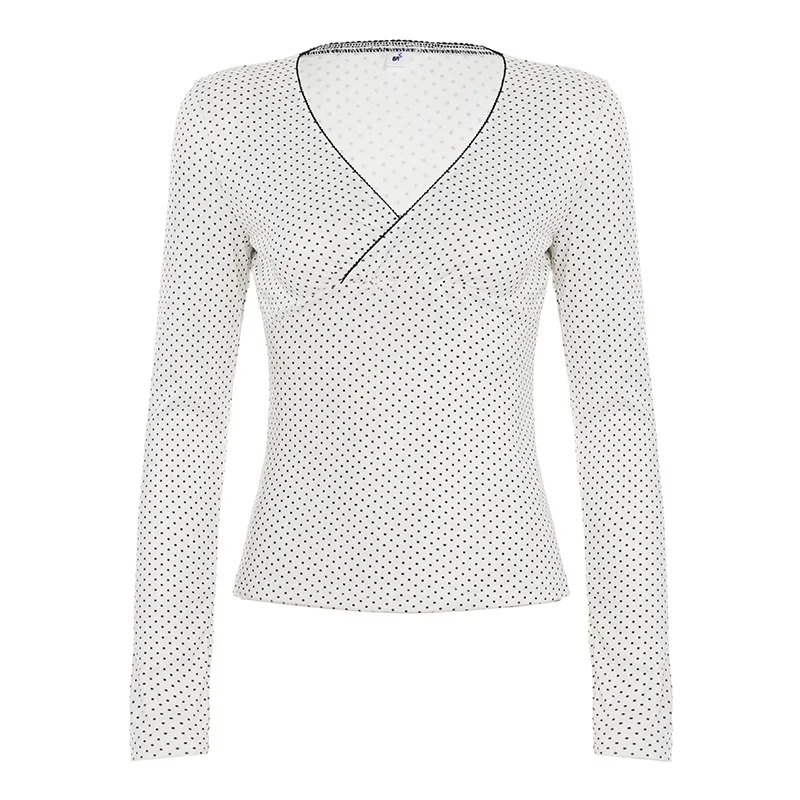 

Cross V-neck Polka Dot Printed T-shirt For Women 2025 New Long Sleeved Base Shirt Slim Fit Top