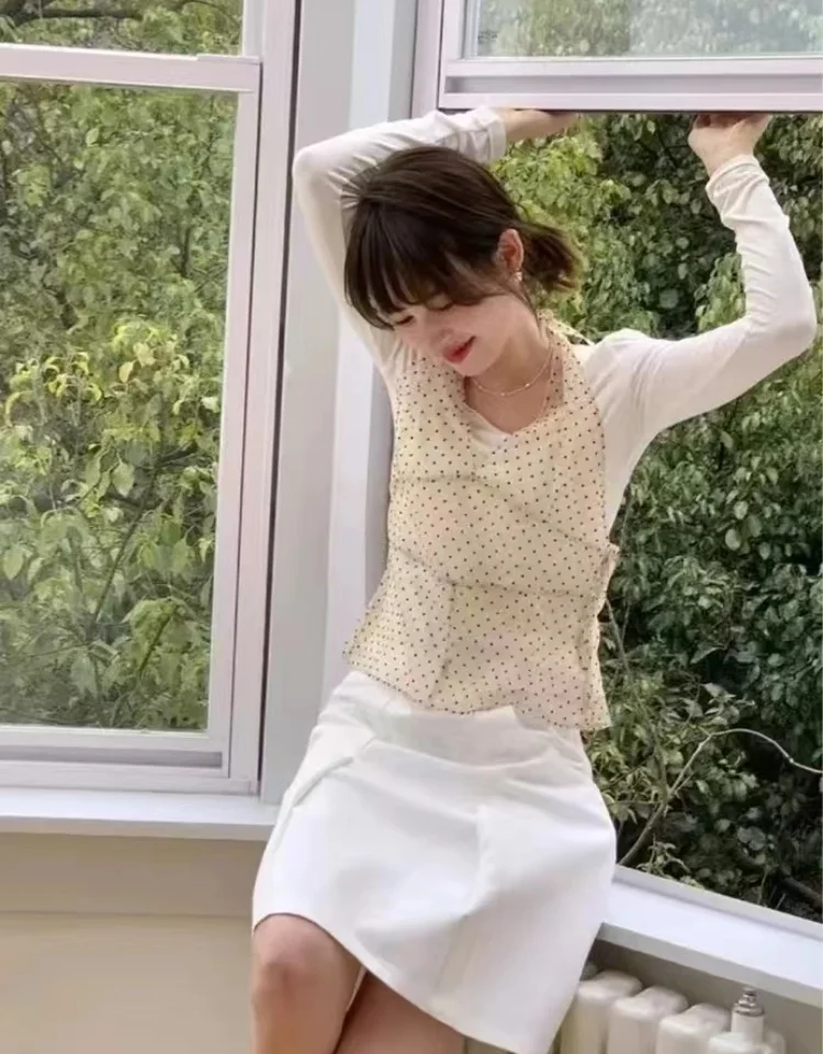 Kore Ins aynı dantel dalga noktası kaşkorse elbise bayan örgü kolsuz orta uzunlukta kapak Up elbise yaz yeni Y2K kız Spicy Girlsf