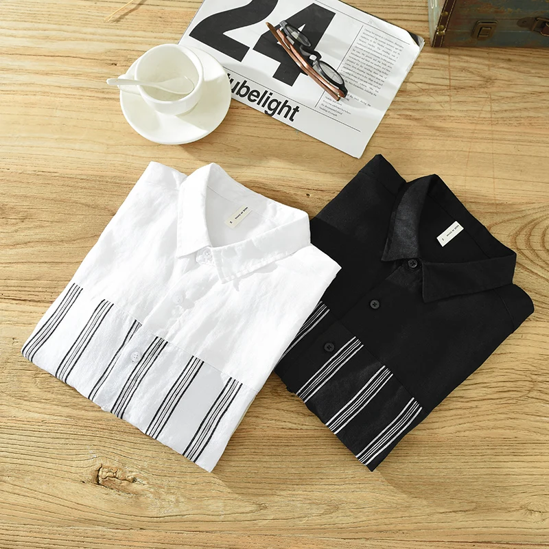 New Stylish Casual Three Quarter Sleeve Patchwork Linen Shirt Men Brand Trend Comfortable Top Clothes Chemise Homme Dropshipping