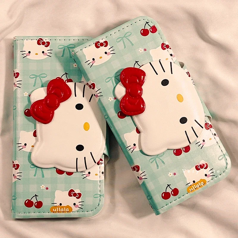 Kawaiiเชอร์รี่Hello Kitty Flip PUสําหรับIPhone 15 14 13 Pro Max Sanrioอะนิเมะน่ารักแฟชั่นป้องกันพร้อมผู้ถือบัตร