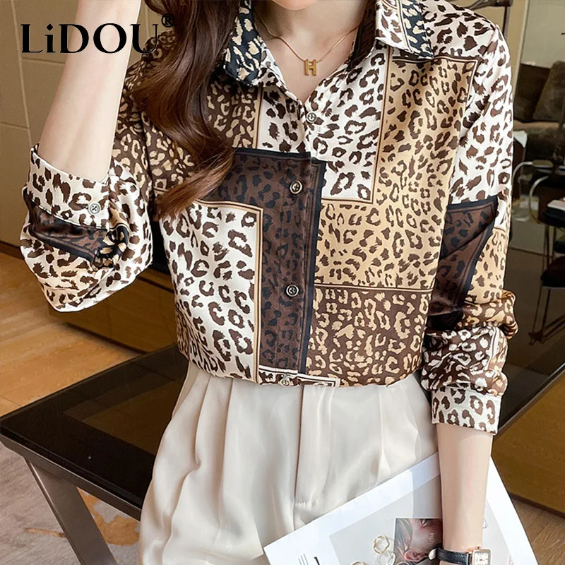 2022 Spring New Leopard Patchwork Print Satin Shirt Women Korean Style Polo Neck Long Sleeved Blouses Elegant Fashion Casual Top