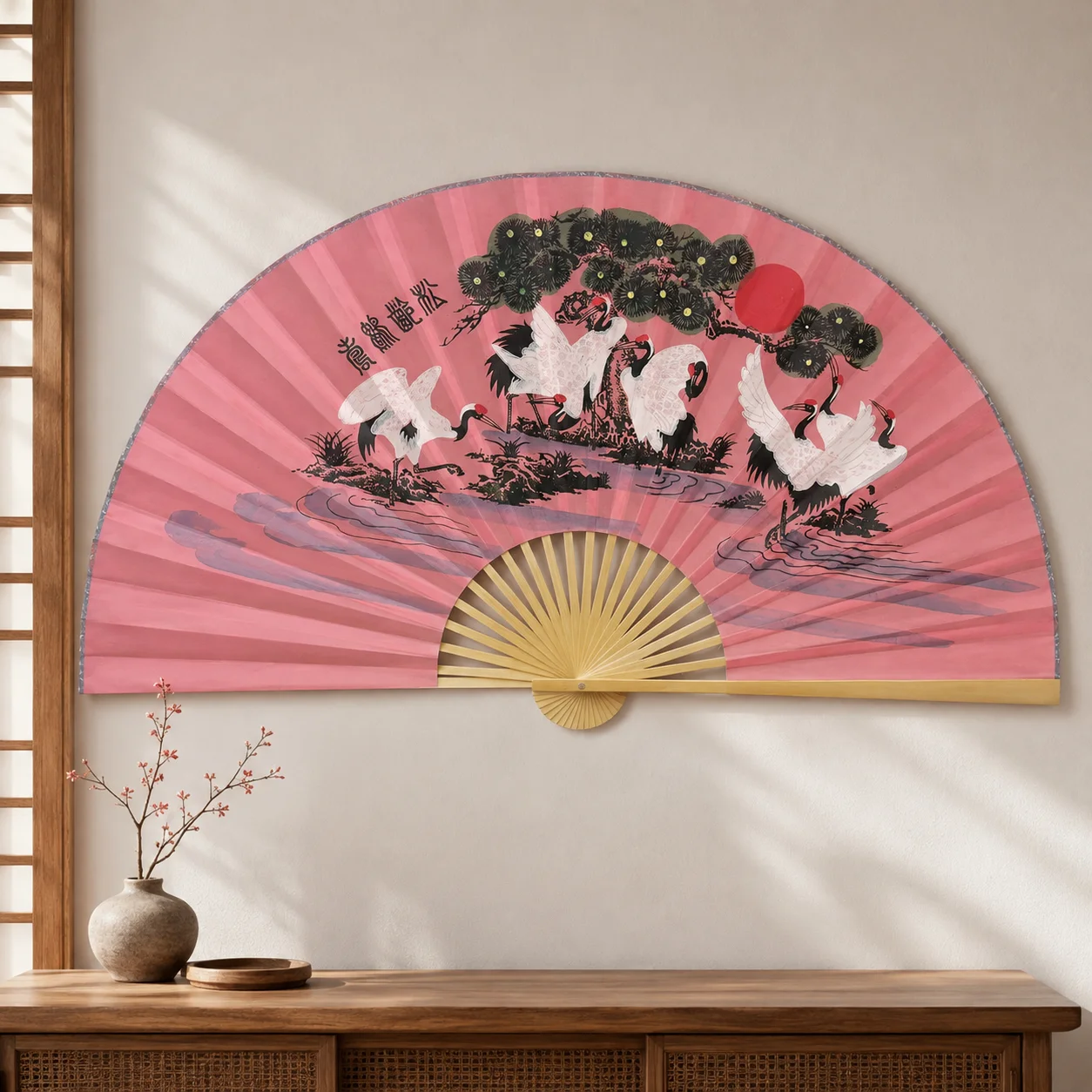 160cm Oversized Wall Decor Fan, Printed Pine Crane Auspicious Pattern, Bamboo Frame Oriental Wall Ornament for Living Room Wall