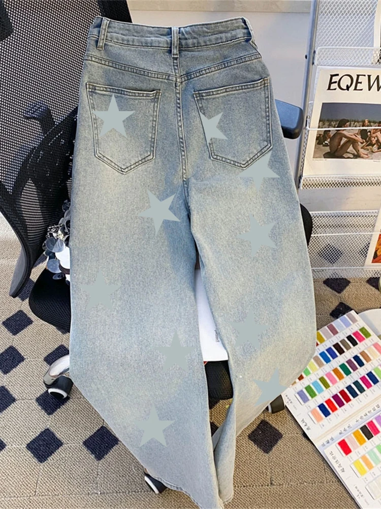 

Ретро-звезда, свободные широкие джинсы с высокой талией, мужские и женские летние американские утягивающие длинные брюки, джинсовые синие l талии