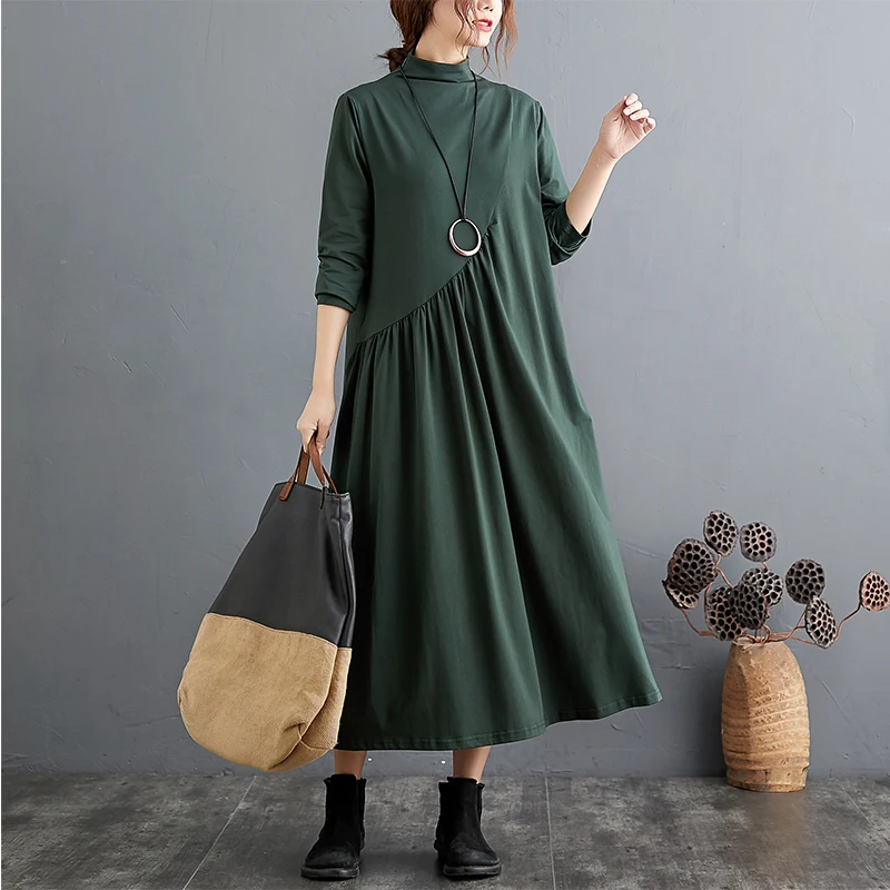 #3458 Spring Autumn Turtleneck Long T Shirt Dress Women Loose Asymmetrical A-line Dress Female Split Joint Pleated Vintage Midi