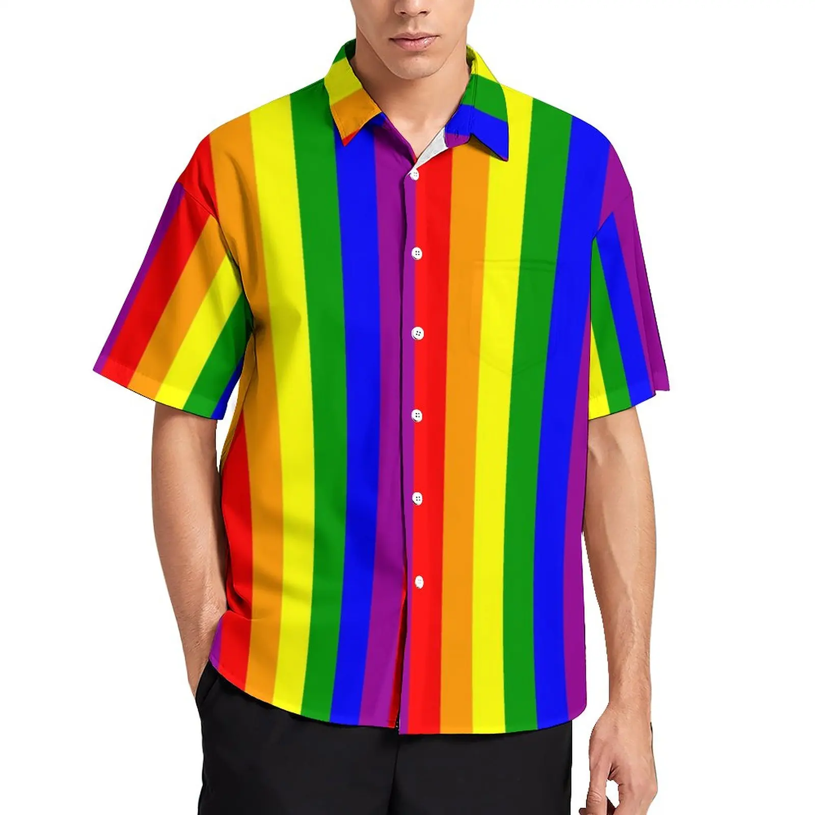 Rainbow Striped Shirt Mens Pride Celebration Casual Shirts Summer Print Blouses Short Sleeves Y2K Oversize Gift