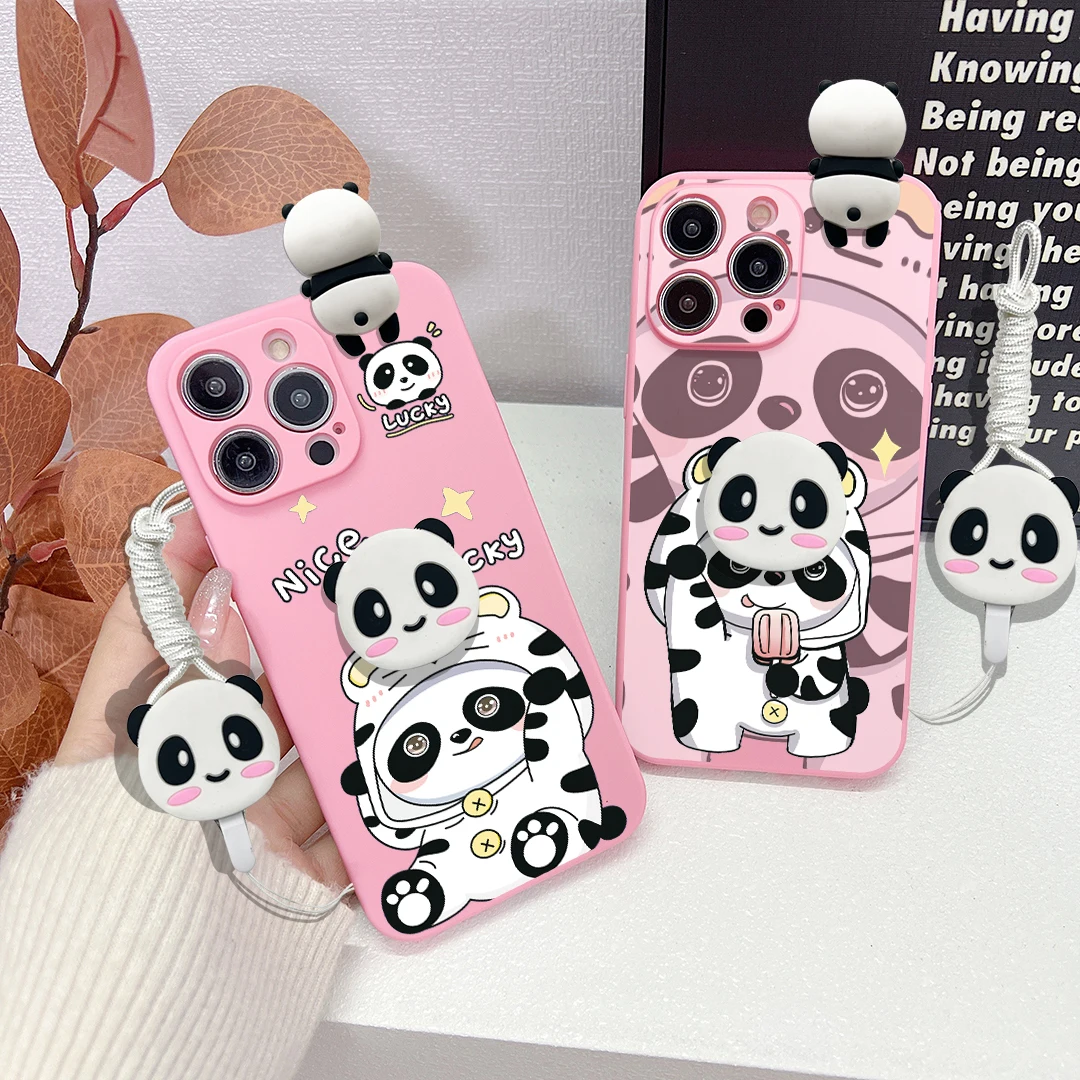 For OPPO A15 A94 A54 A55 A53 A74 A96 A57 A17 A58 A78 60 Realme C55 53 35 30 21Y 11 33 63 61 Hoodie Panda Case With Holder Rope