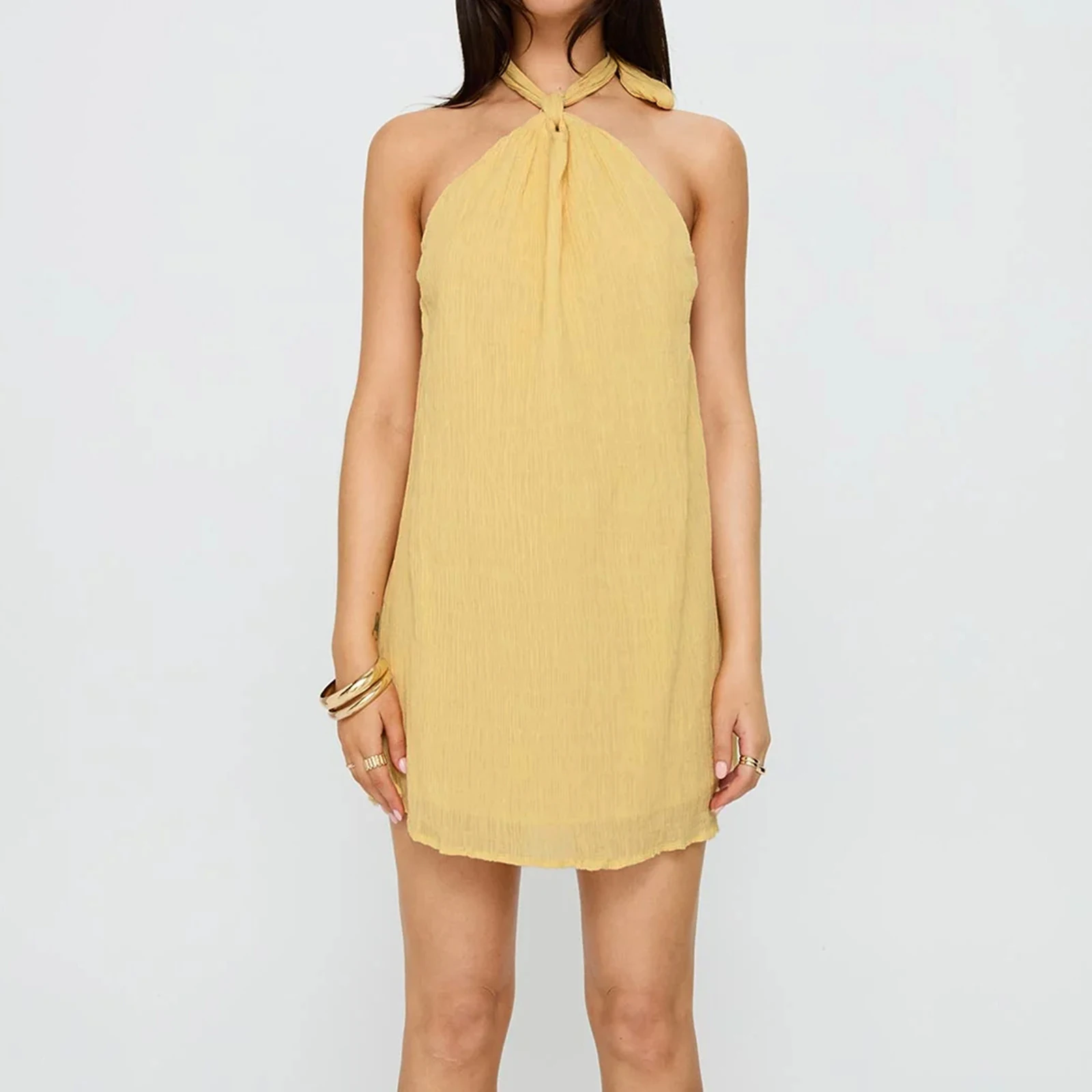 여성용 홀터넥 넥 드레스 민소매 오픈 백 솔리드 컬러 미니 드레스 해변 휴가 여름 파티 데일리웨어 streetwear