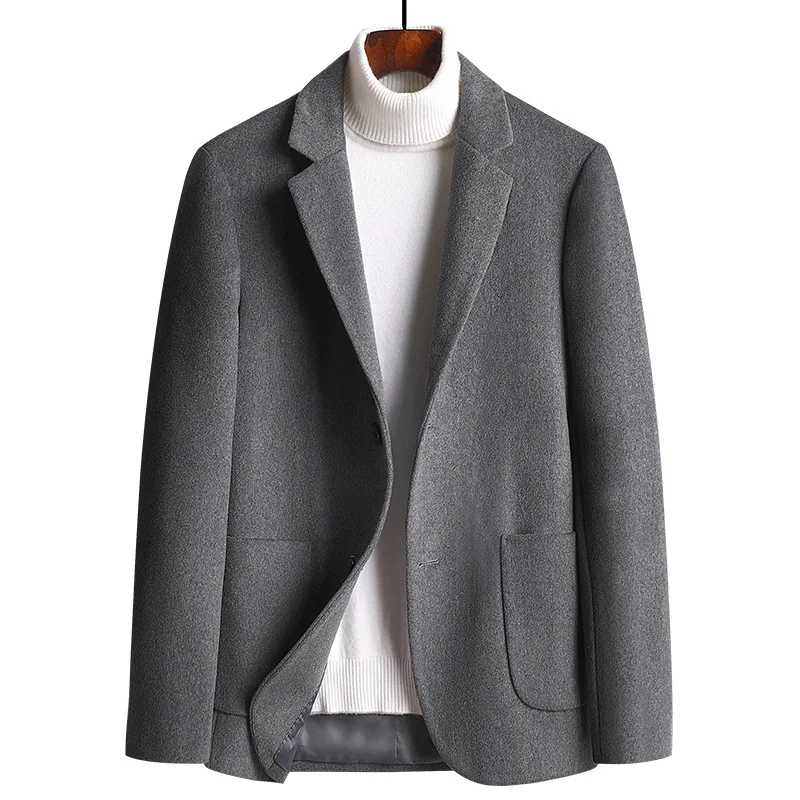 KIDWHXR Men Wool Blends Jacket Autumn Winter Korean Loose Single-breasted Pocket Man Suit Coat Business Casual Male Outerwear