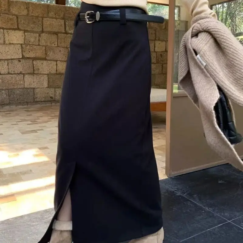 

Новая модная шерстяная юбка для женщин, весна-осень, элегантные прямые юбки с высокой талией и разрезом, однотонные офисные женские длинные юбки