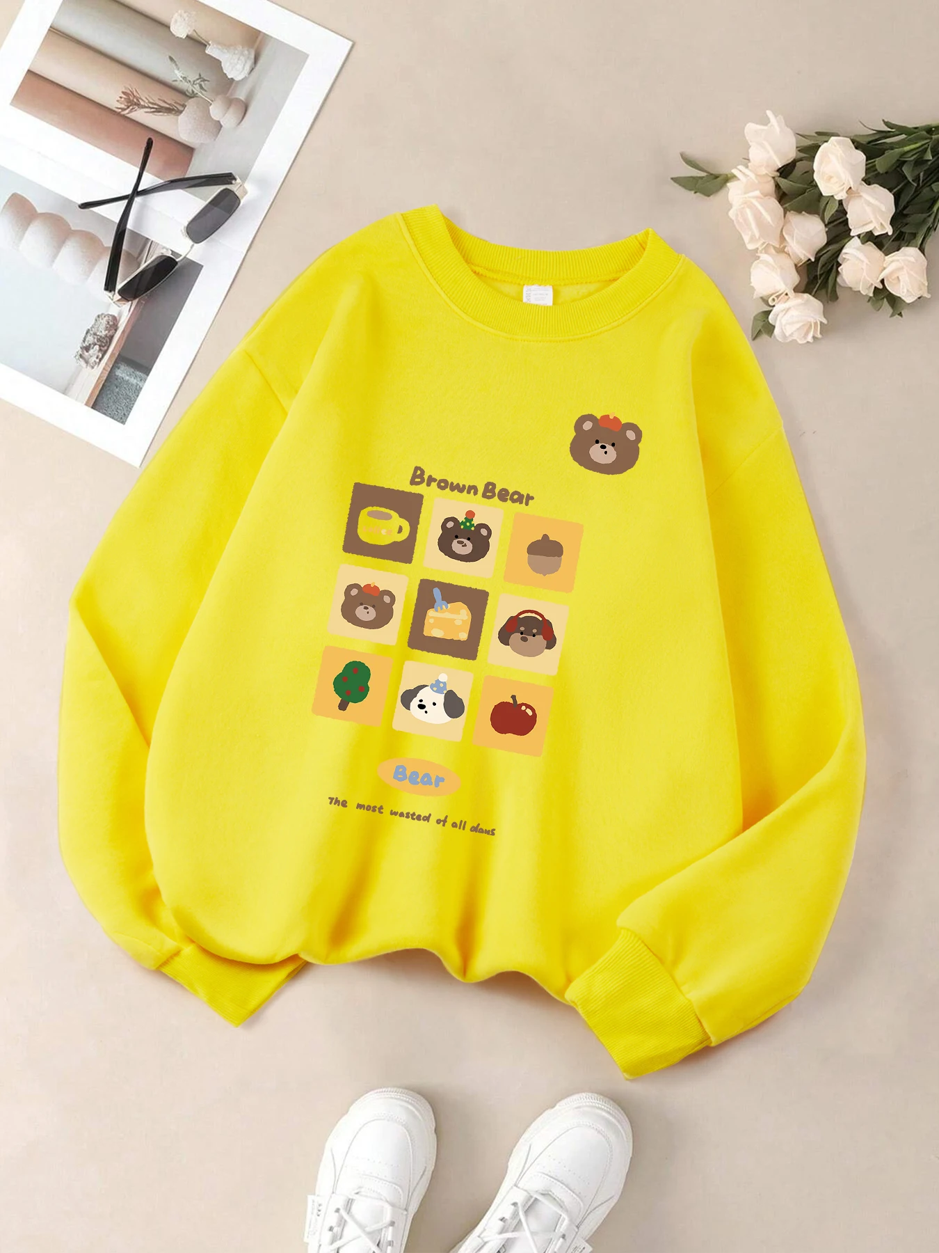 الكرتون الدب البني الدماغ البلوزات الملونة امرأة لينة المتضخم ملابس رياضية الخريف رداء علوي غير رسمي الهيب هوب Y2K كل مباراة بلوزات