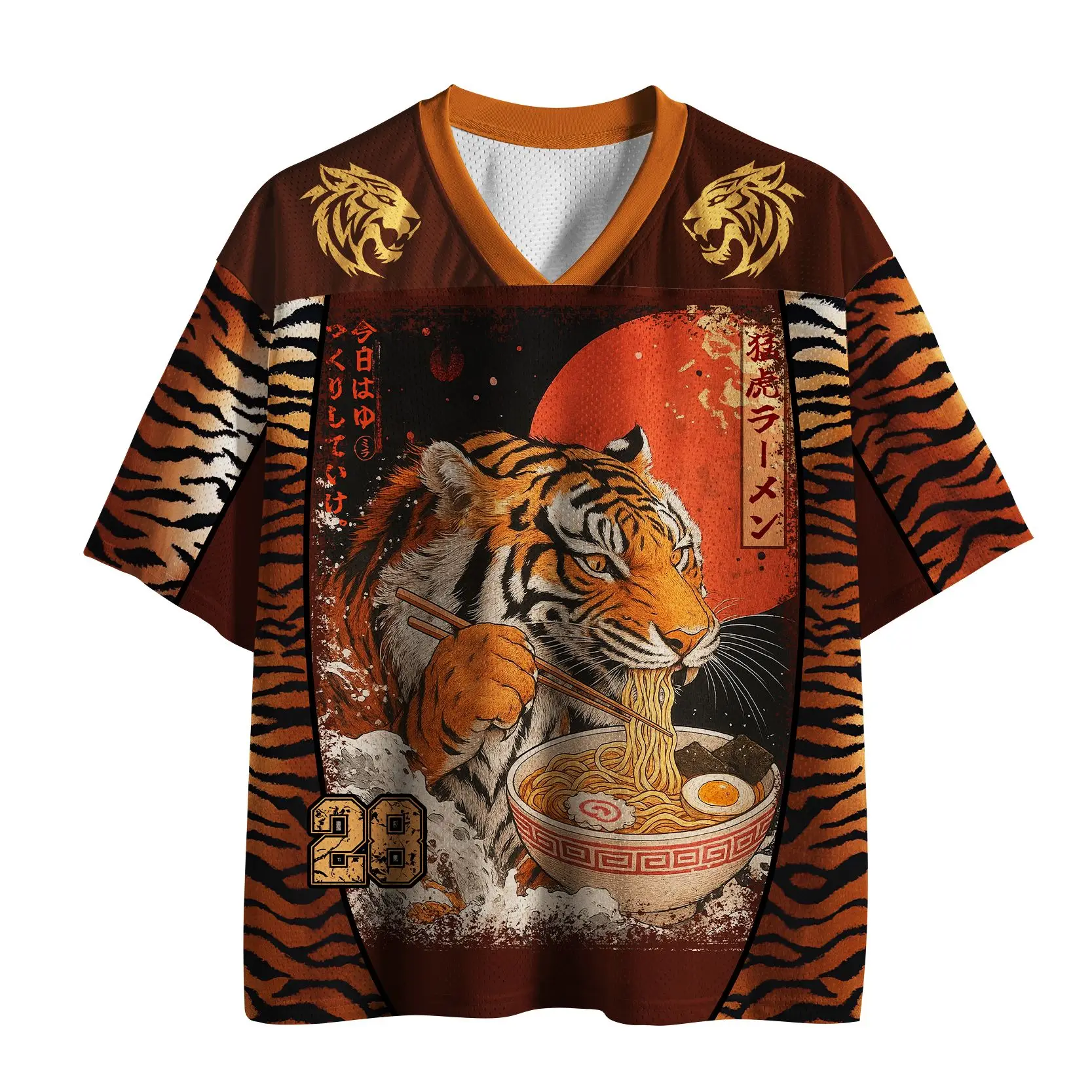 Camiseta de malla con estampado de tigre Ukiyo-e japonés, cuello en V, manga corta, corte holgado
