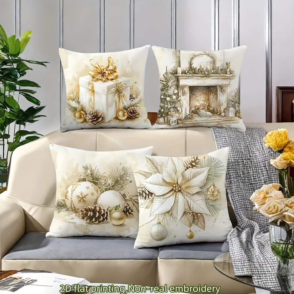 4-teiliges Weihnachts-Kissenbezug-Set – goldene Geschenkboxen, Kamin-Schneeszene, Ornamente und Weihnachtssterne für Sofa oder Schlafzimmer