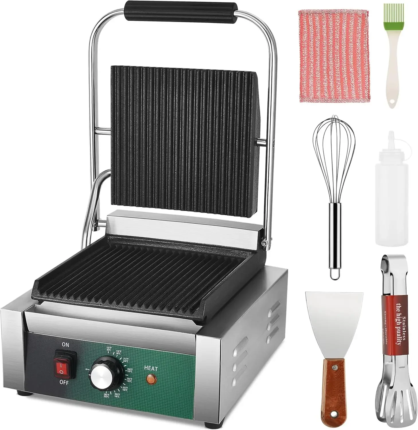 Press Sandwichmaker, Homiesetify 2200 W gietijzeren sandwichpers 122 ° F-392 ° F Panini Grill Non Stick voor Hamburgers Steaks Bacons