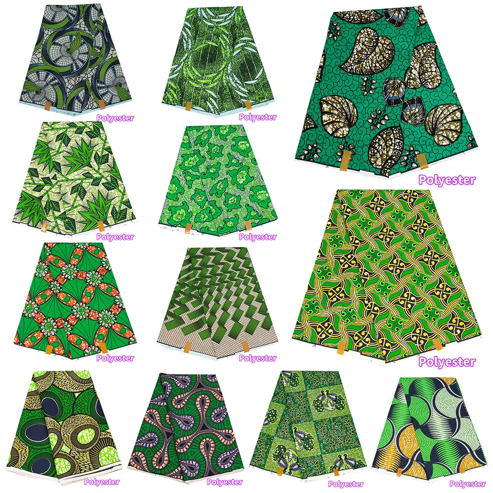 Veritablewax Green African Fabric By the Yard Polyester Material For Handsewing High Quality Cloth for Party Dress N-31