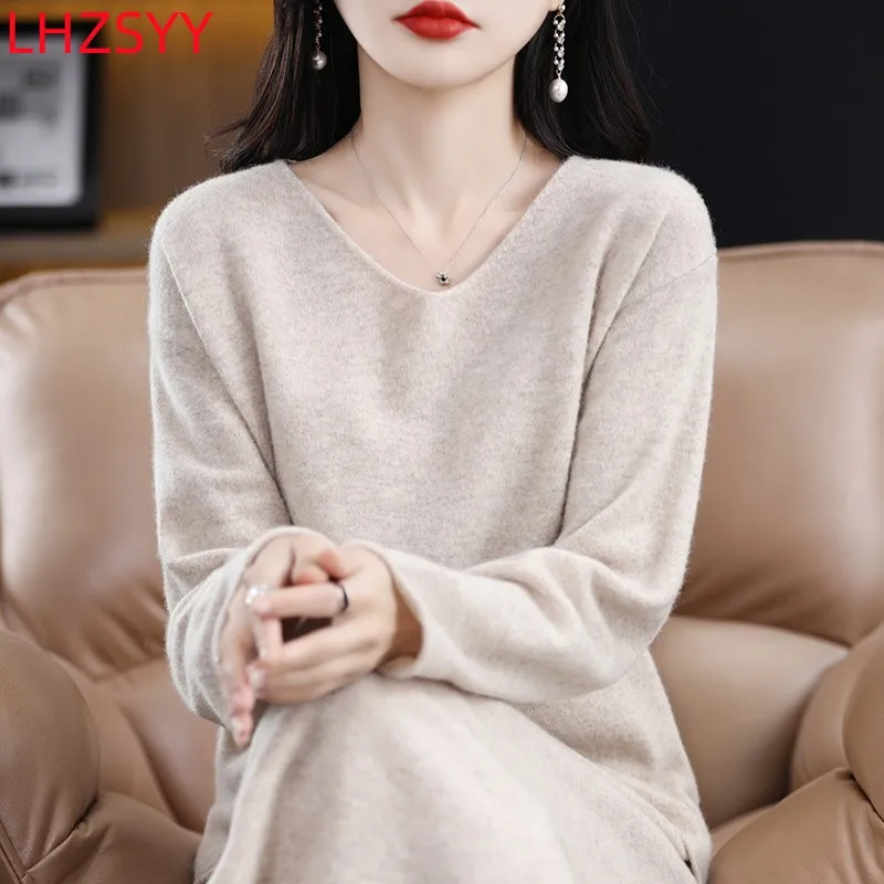 LHZSYY Fashion Women\' V-Neck Two Piece Dress 100%Pure Wool Pullovers Knit Half Skirt Spring New Large Size Cashmere Suit Sweater