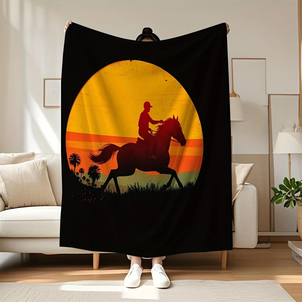 Cowboy Riding Horse at Sunset Fleece Blanket Western Art Design Soft Cozy Throw Home Decor for Living Room or Bedroom Gift