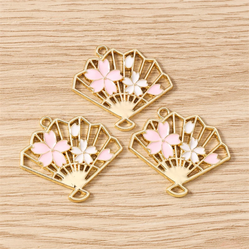 10 Stück 30 x 26 mm niedliche Emaille-Blumen-Fächer-Charms-Verbindungsanhänger für selbstgemachte Halsketten, Ohrringe, Schmuckherstellung, Zubehör – Detail 5