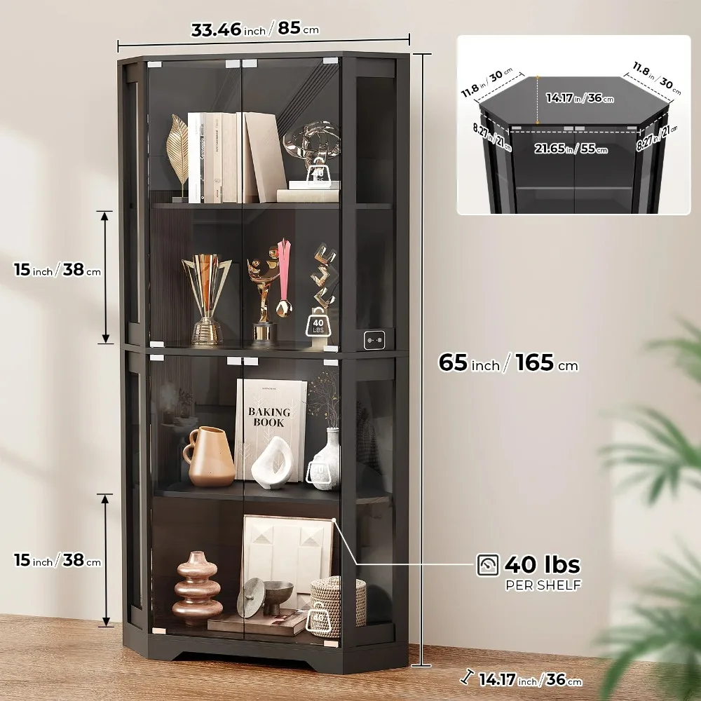 65" Lighted Corner Display Cabinet with Glass Doors, 4-Tier Hexagon Curio Cabinet for Living room, Entryway, Black Cabinets image 5