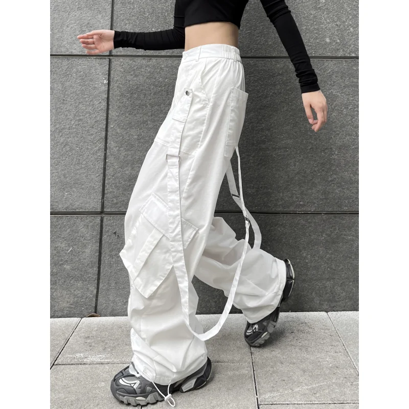 Womens White Cargo Loose Fit Cuffed Dance Pants Ribbon Details Designed for Couples Hip Hop Jazz and Streetwear Looks