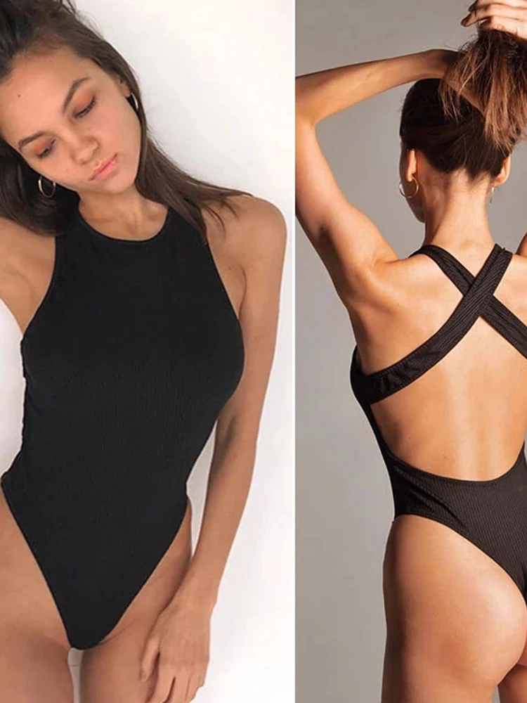 Voltar cruz malha bodycon feminino bodysuit o pescoço verão primavera roupas com nervuras preto branco blackless magro sexy corpo topos