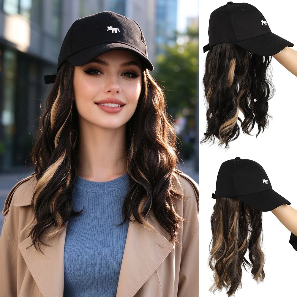 Synthetic black baseball cap wig hat wig one-piece long curly hair wig hat suitable for women's daily party use ﻿