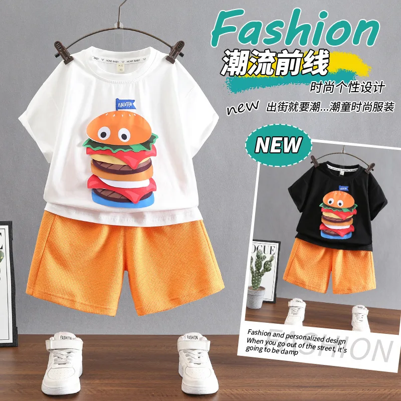 Boys Summer Dress Burger Set 2024 New Handsome Boy Fashion T-shirt Shorts Two-piece Set