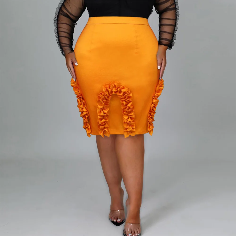 Orange Skirts for Women High Waisted Falbala Bodycon Mid Calf Elegant Ladies Birthday Party Dinner Wear Skirts Clothes Wholesale