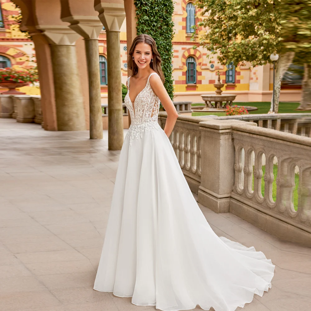 

Fascinating Women Wedding Dresses Sexy A-Line Bride Gowns Lace Appliques Mopping Length Gowns Ball Vestidos De Novias Customized