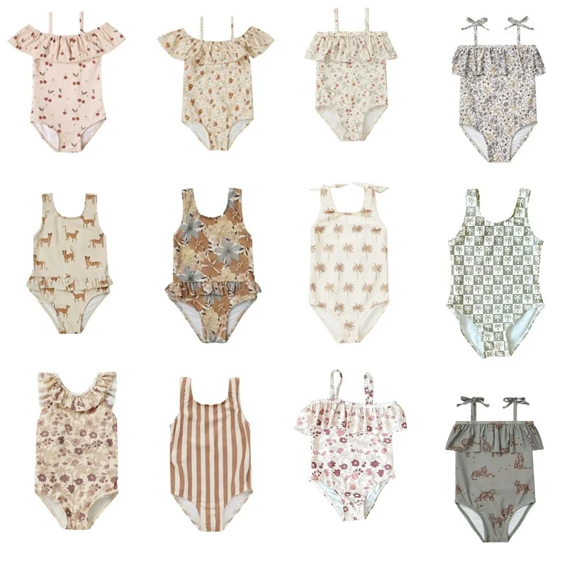 Girls One Pieces Swimsuit With Cap Summer Floral Printed Ruffle Girl Swimwear Sweet Children Beach Wear Swimming Clothes