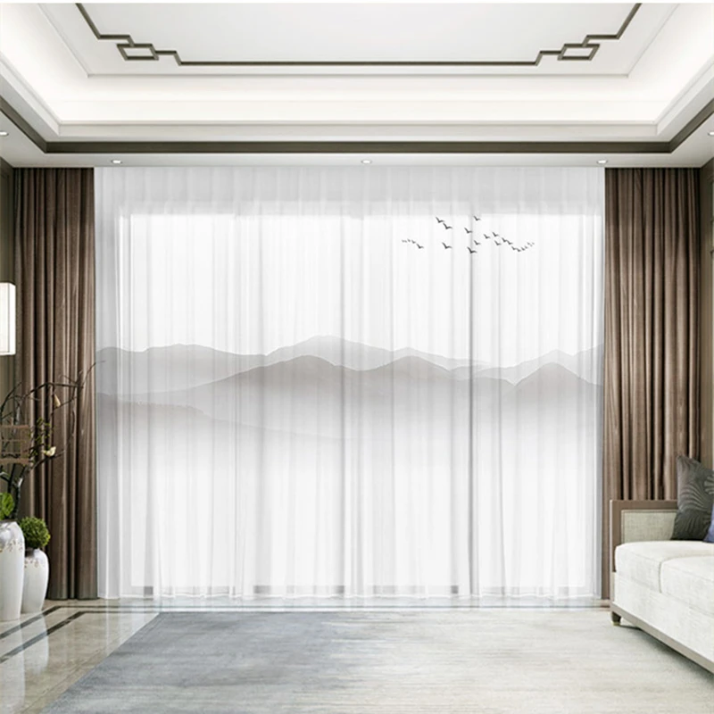 

Custom Chiffon Sheer Curtain Window Drape for Bedroom Living Room Mountain Hills Birds Landscape