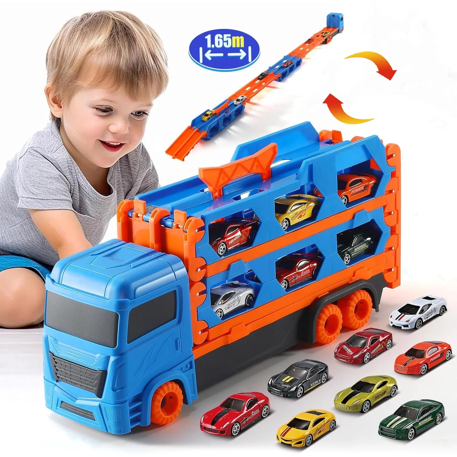 Race Track Ejection Truck Toys 65 Inch Folded Transport Carrier Vehicle Truck Racing Cars Model Christmas Gift Kids Toddler Toys