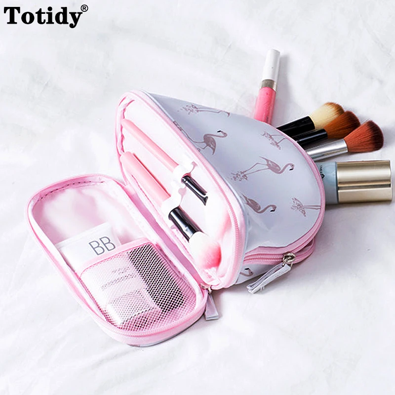 New Design Two-tier Makeup Bag Female Fashion Flamingo Cactus Double Zipper Cosmetic Bag Women Waterproof Toiletries Storage Bag