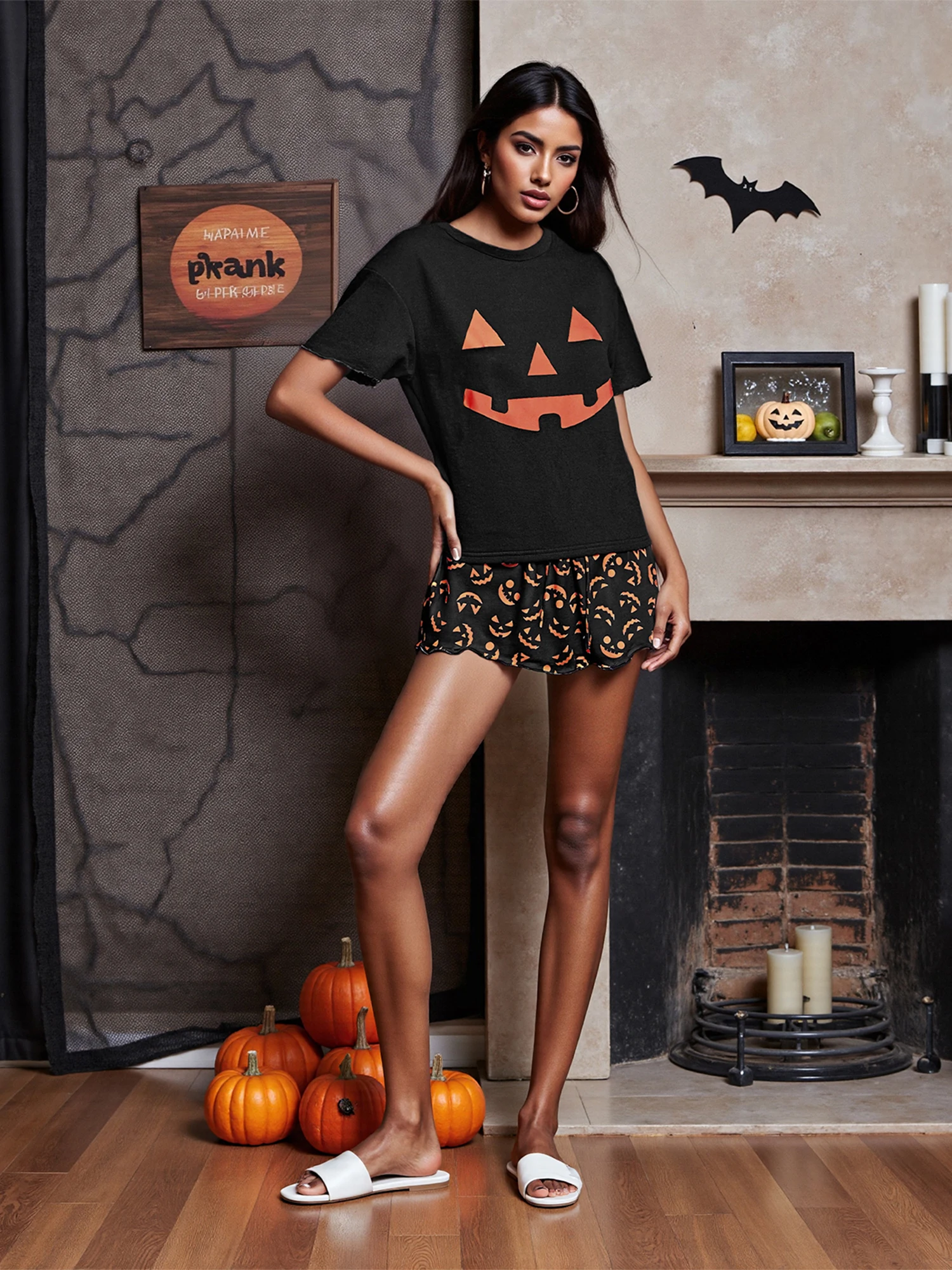 

Женский костюм на Хэллоуин, футболка с принтом тыквы и шорты с эластичной резинкой на талии для клубной одежды и уличной моды
