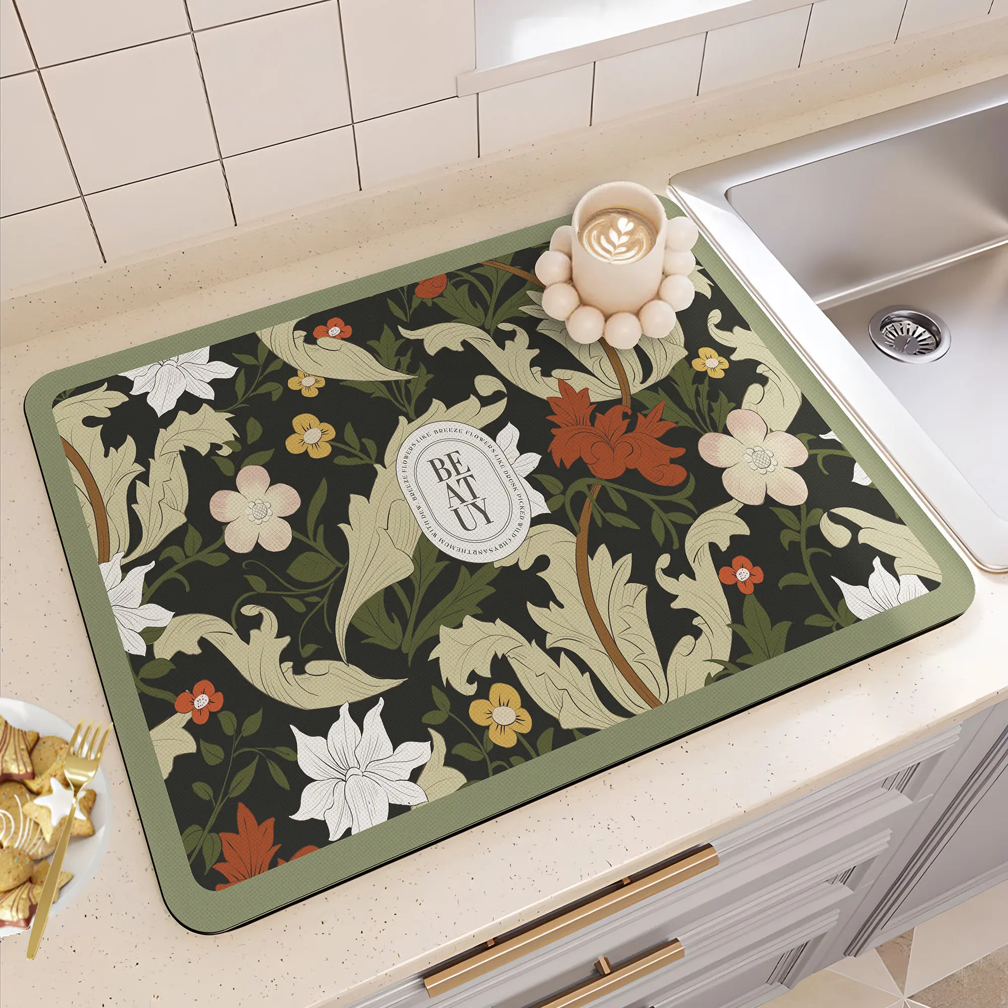 VIKAMA Retro Warm Orange Floral Drying Mat Bloom Border Non Slip Absorbent Pad For Sink Coffee Kitchen Countertop