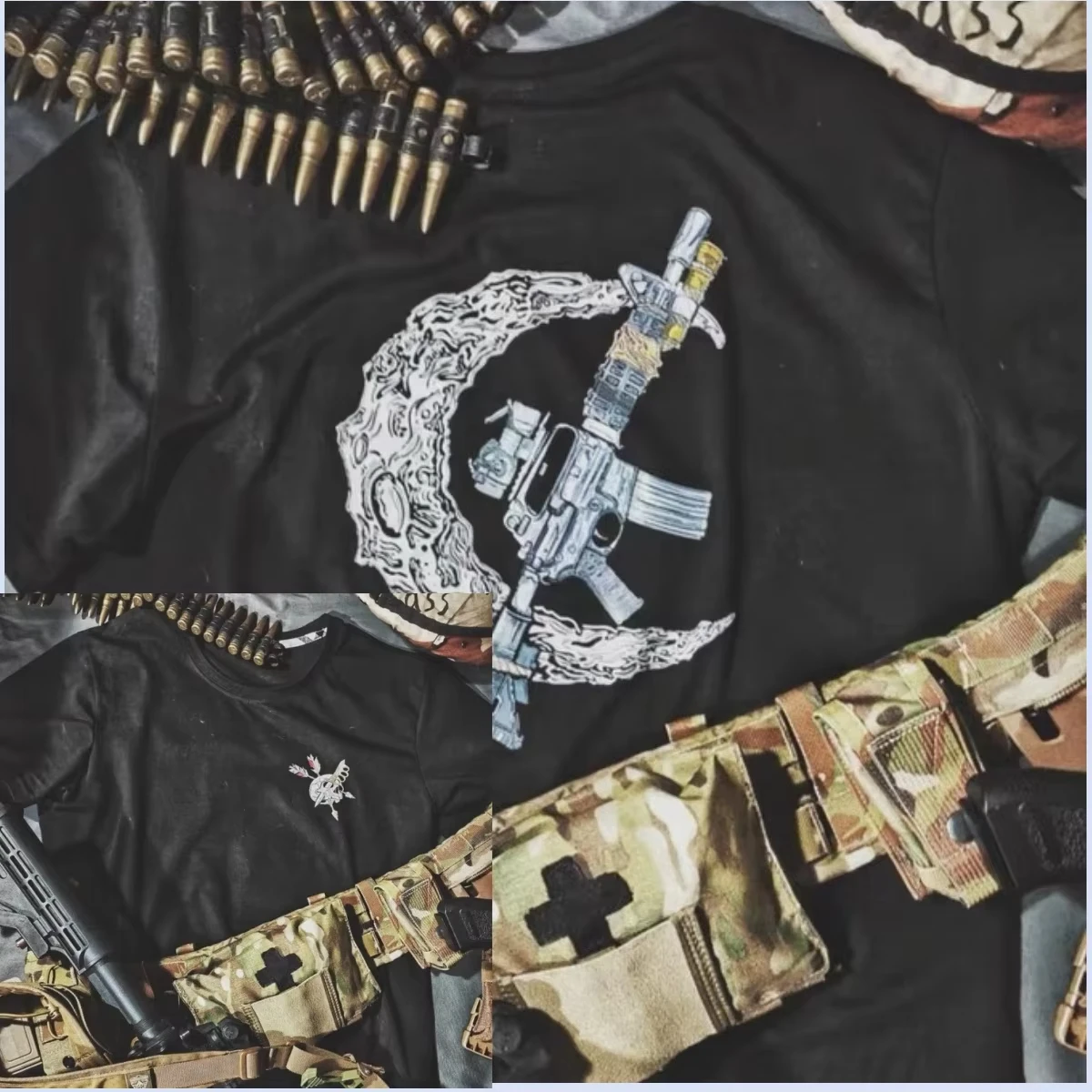 Crescent‑Shaped Skull Texture Crossed Gun Knife Graphic T‑Shirt Hardcore Skeleton Tactical Weapon Print Unisex Punk Street‑wear